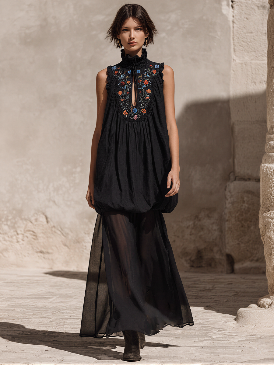 Women’s Black Cotton-LinenBoho Sleeveless Dress With Floral Embroidery & Sheer Chiffon Hem MDZ2643E3T