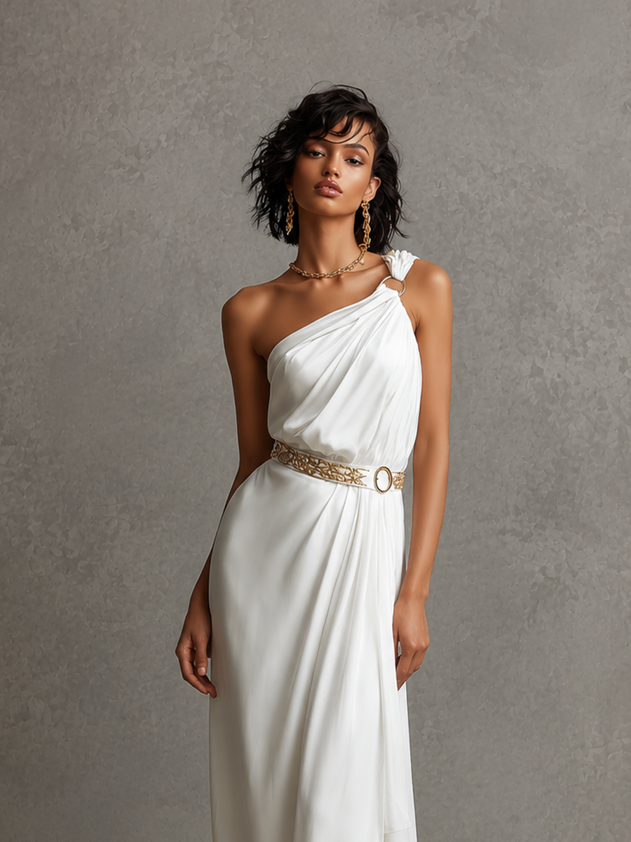 Women's Minimalist Urban "Quiet Luxury" Greek-Style Matte Satin White One-Shoulder Sleeveless Waist-Cinching Maxi Dress MDZ2681E9ZJW