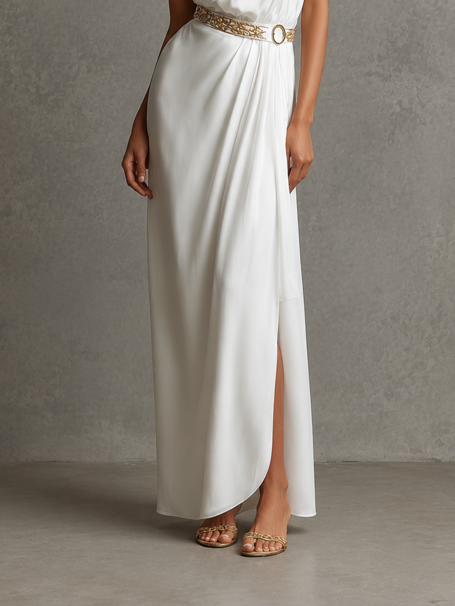 Women's Minimalist Urban "Quiet Luxury" Greek-Style Matte Satin White One-Shoulder Sleeveless Waist-Cinching Maxi Dress MDZ2681E9ZJW