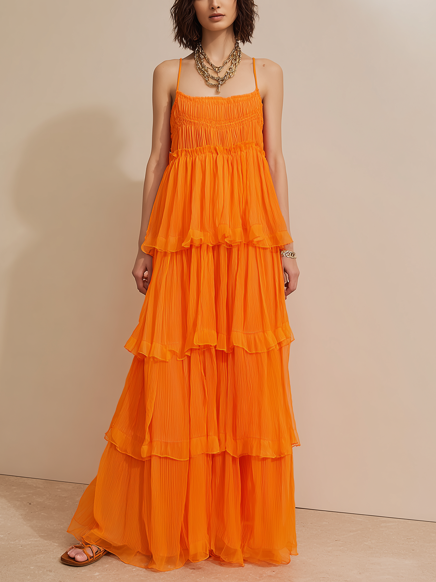 Women's Minimalist Vacation-Style Orange Chiffon Spaghetti-Strap Tiered Maxi Dress MDZ2646E9ZJW