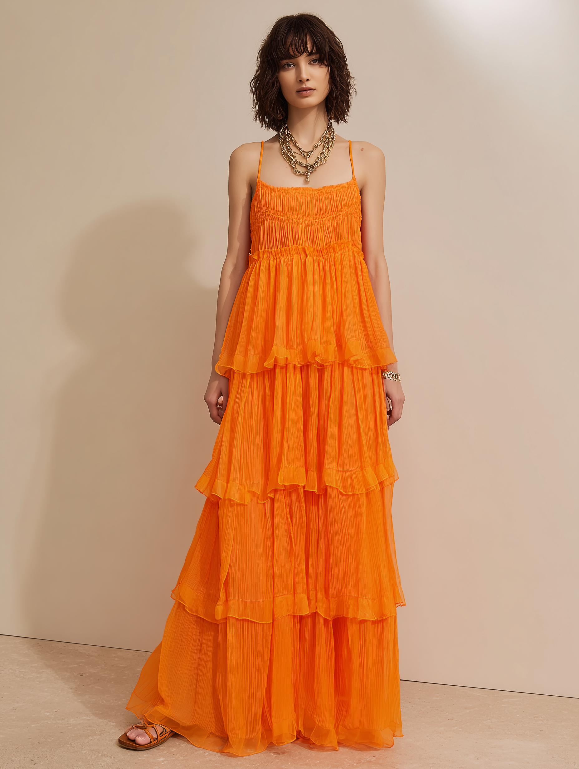 Women's Minimalist Vacation-Style Orange Chiffon Spaghetti-Strap Tiered Maxi Dress MDZ2646E9ZJW