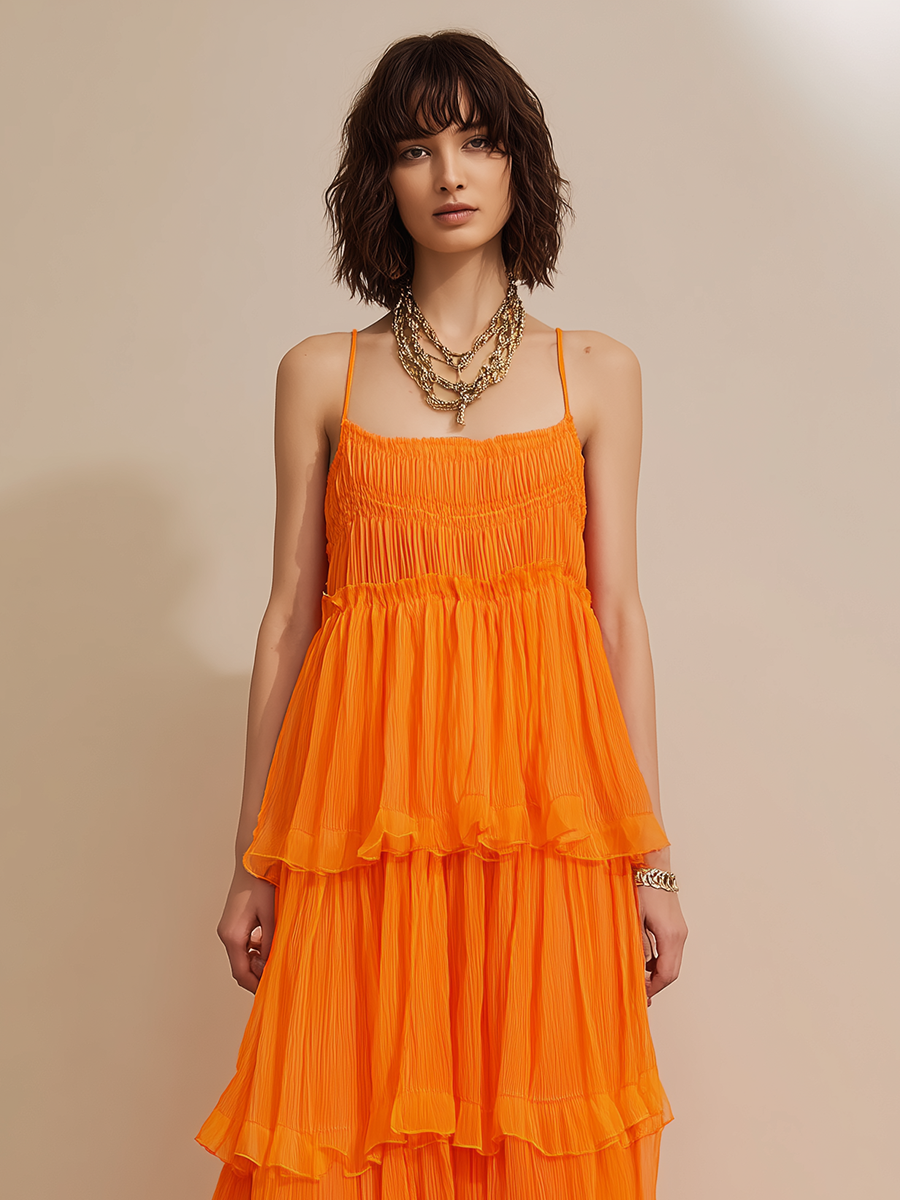 Women's Minimalist Vacation-Style Orange Chiffon Spaghetti-Strap Tiered Maxi Dress MDZ2646E9ZJW