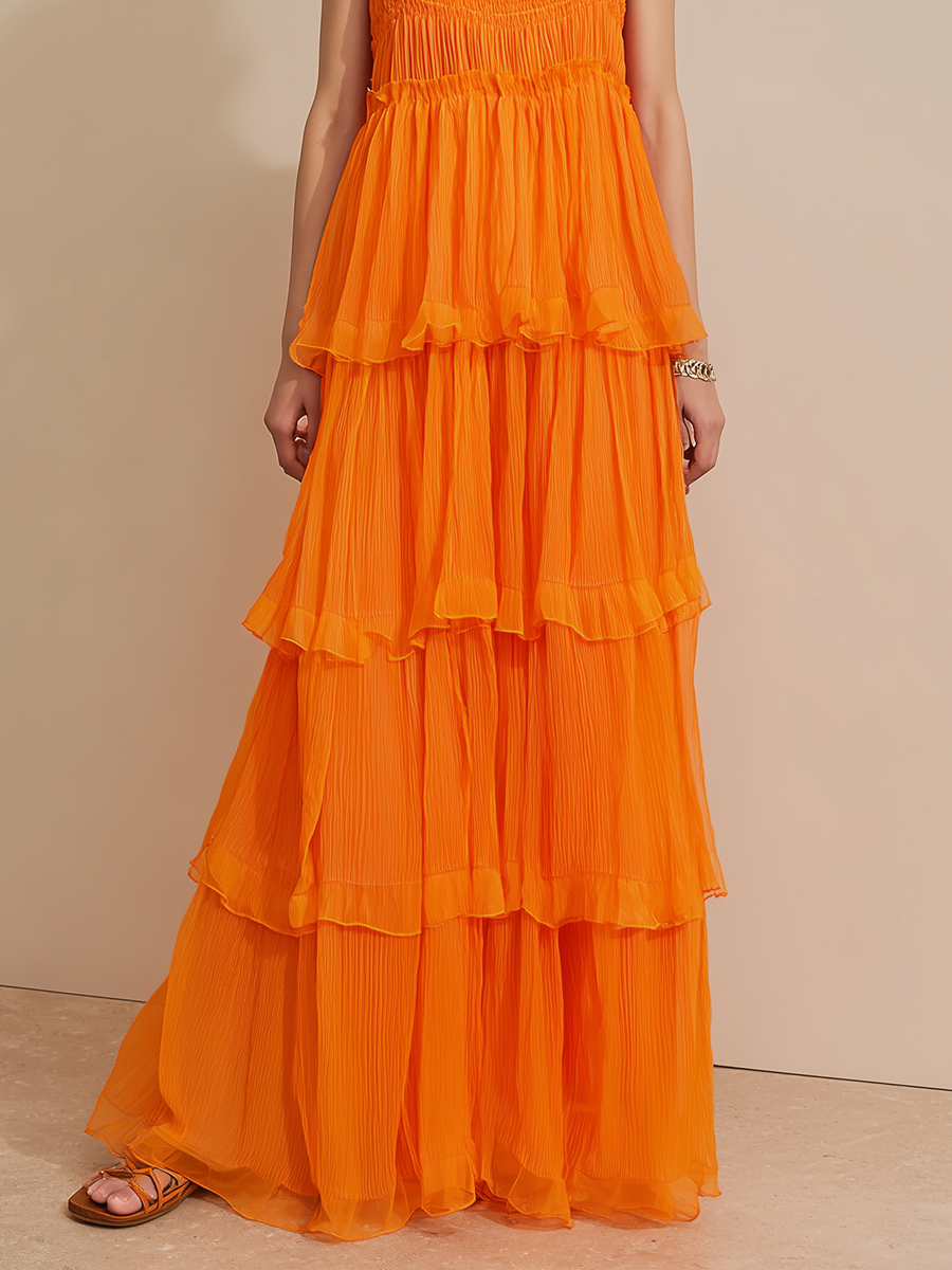 Women's Minimalist Vacation-Style Orange Chiffon Spaghetti-Strap Tiered Maxi Dress MDZ2646E9ZJW