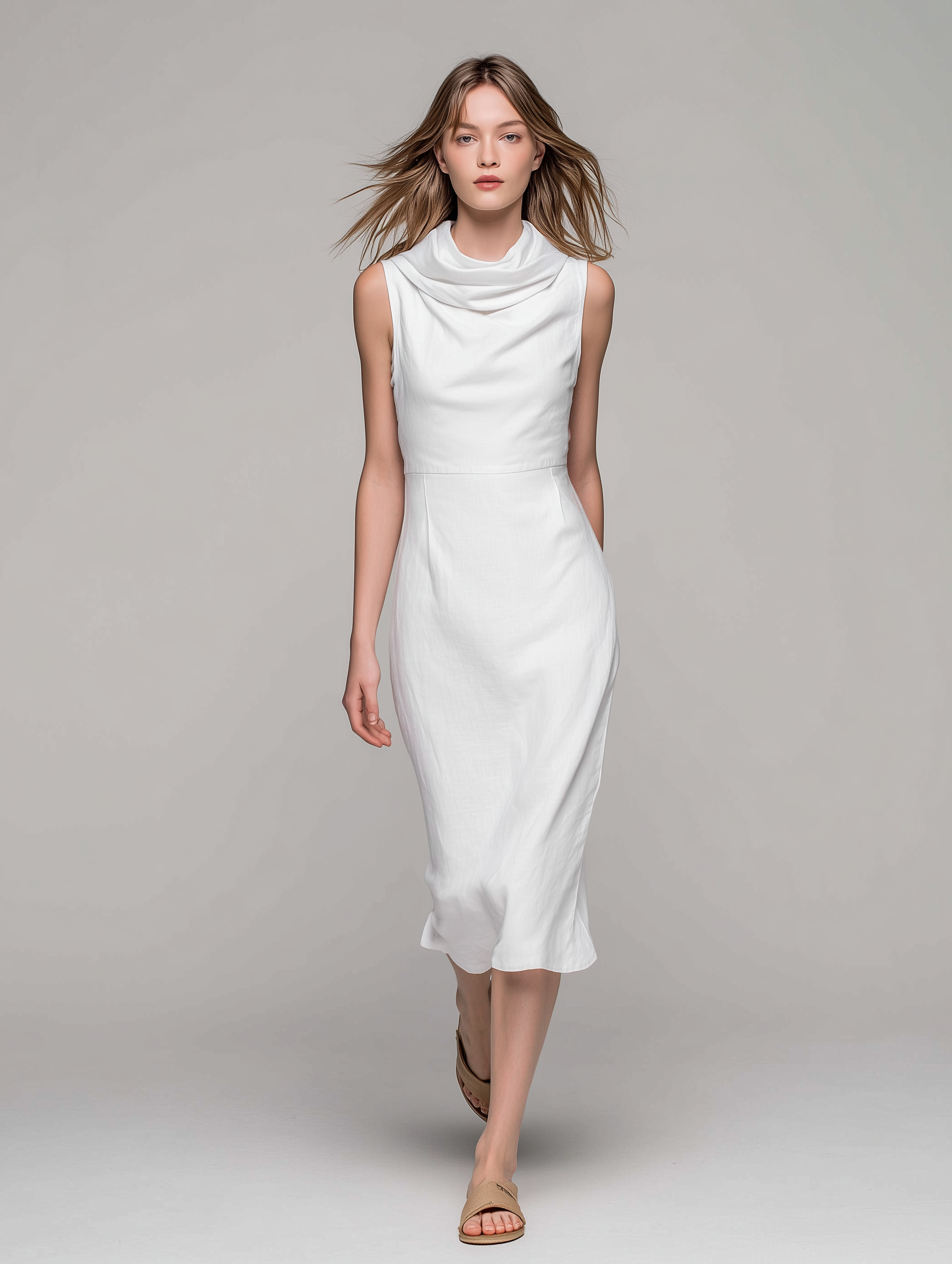 Women's Minimalist Rayon-Linen Blend Cowl-Neck Sleeveless White Midi Dress MDZ2600E2ZJW