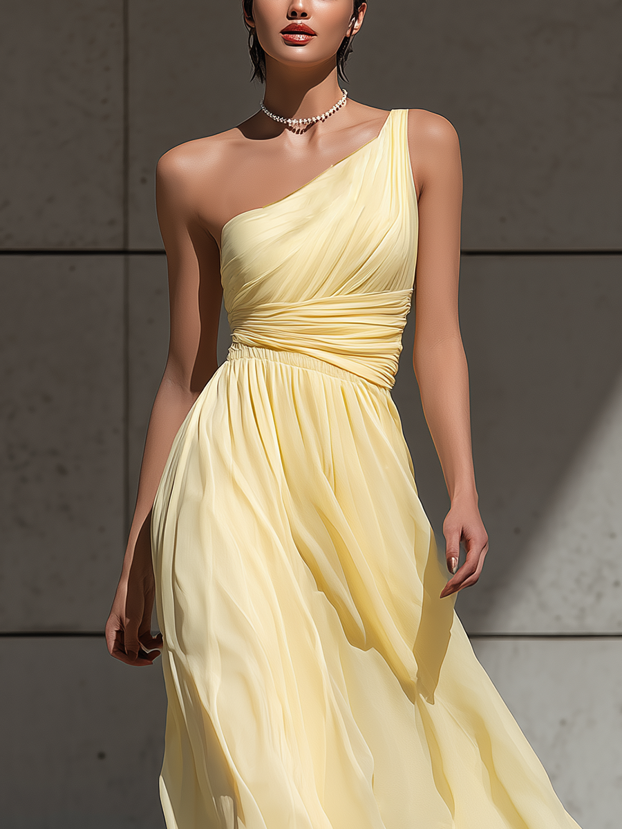Women’s Pale Yellow One-Shoulder Chiffon Midi Dress With Ruched Bodice & Asymmetrical Hem MDZ2634E0T