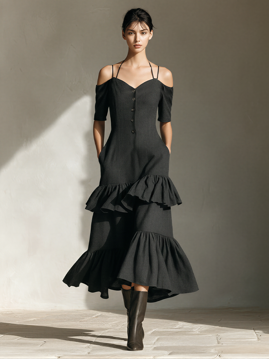 Women’s Black Off-the-Shoulder Tiered Ruffle Midi Dress With Halter Straps & Front Buttons MDZ2693E7T