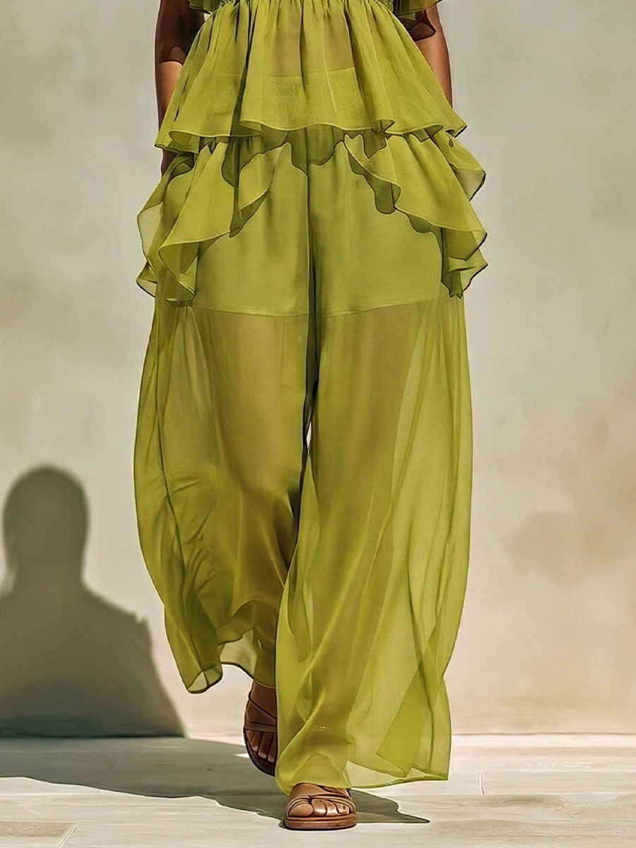 Women’s Lime Green Tiered Ruffle Chiffon Cami Top & Sheer Wide-Leg Pants Two-Piece Set MDZ2635E1T