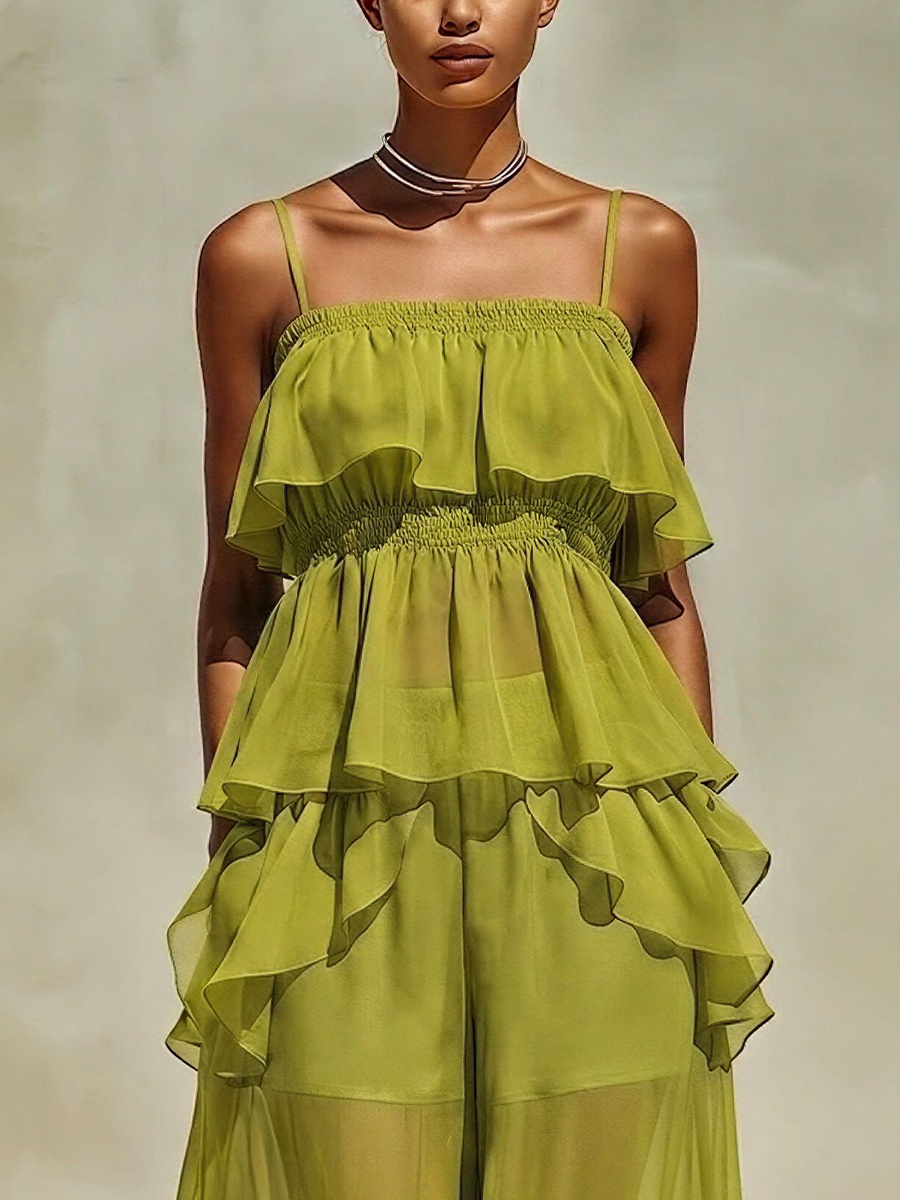 Women’s Lime Green Tiered Ruffle Chiffon Cami Top & Sheer Wide-Leg Pants Two-Piece Set MDZ2635E1T