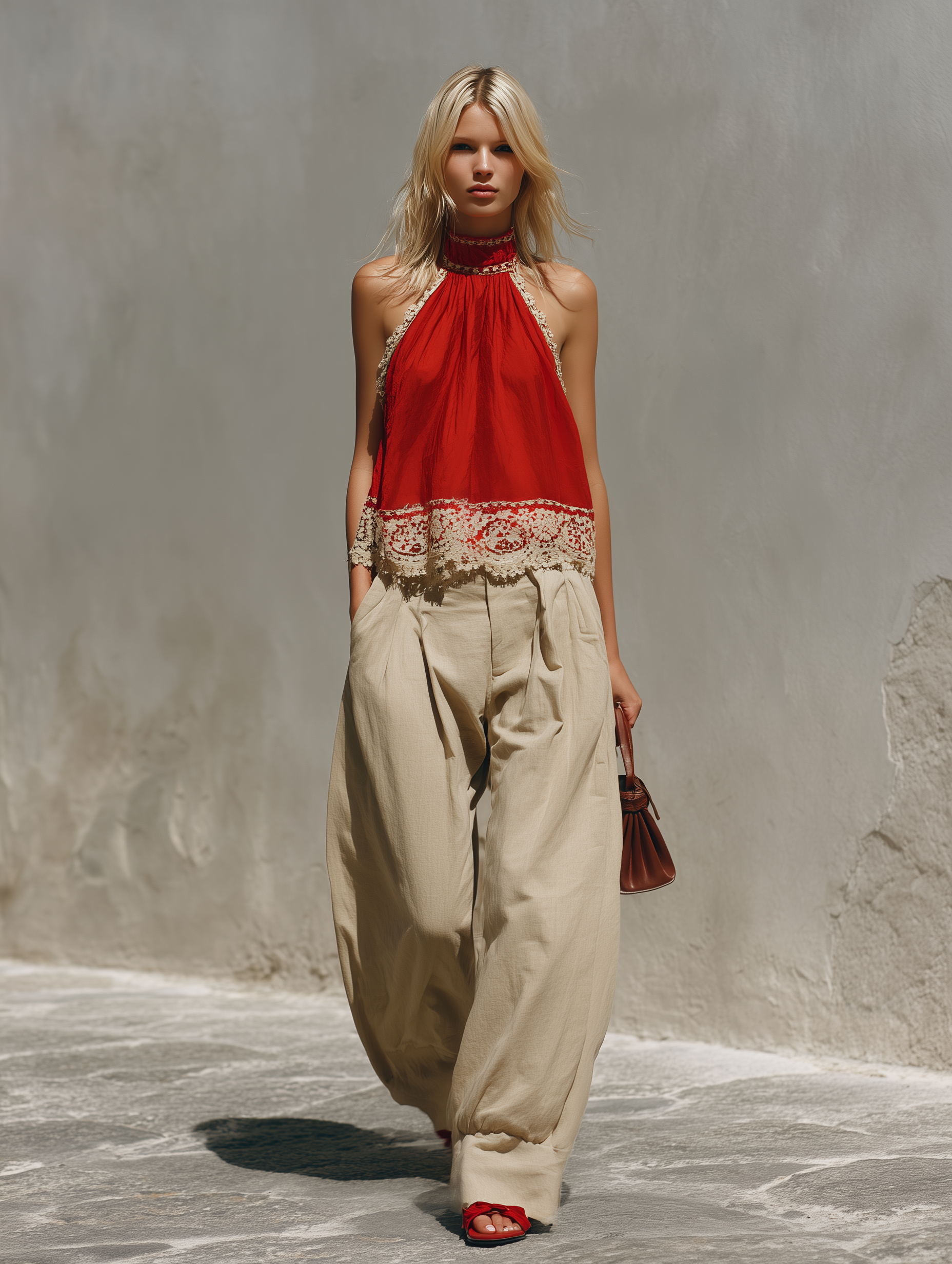 Women's Casual Red Cotton-Linen Halter Top With Lace Paneling (Sleeveless), Paired With Khaki Cotton-Linen Trousers MDZ2652E3LXY