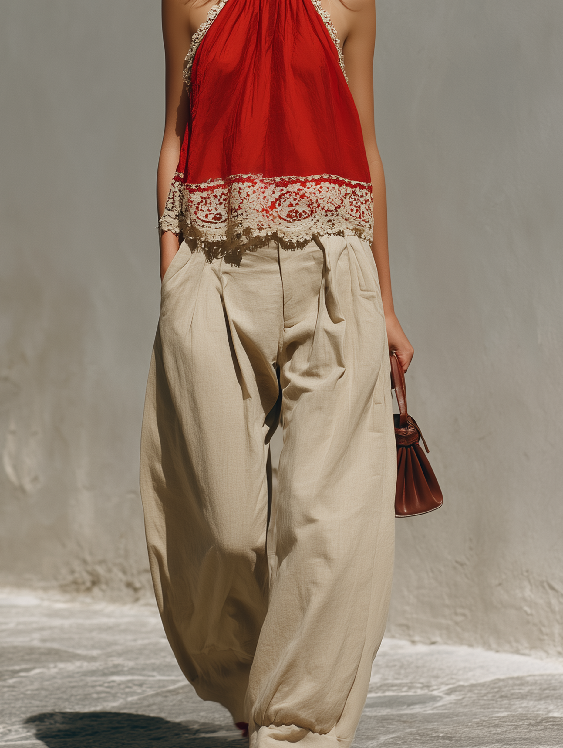 Women's Casual Red Cotton-Linen Halter Top With Lace Paneling (Sleeveless), Paired With Khaki Cotton-Linen Trousers MDZ2652E3LXY