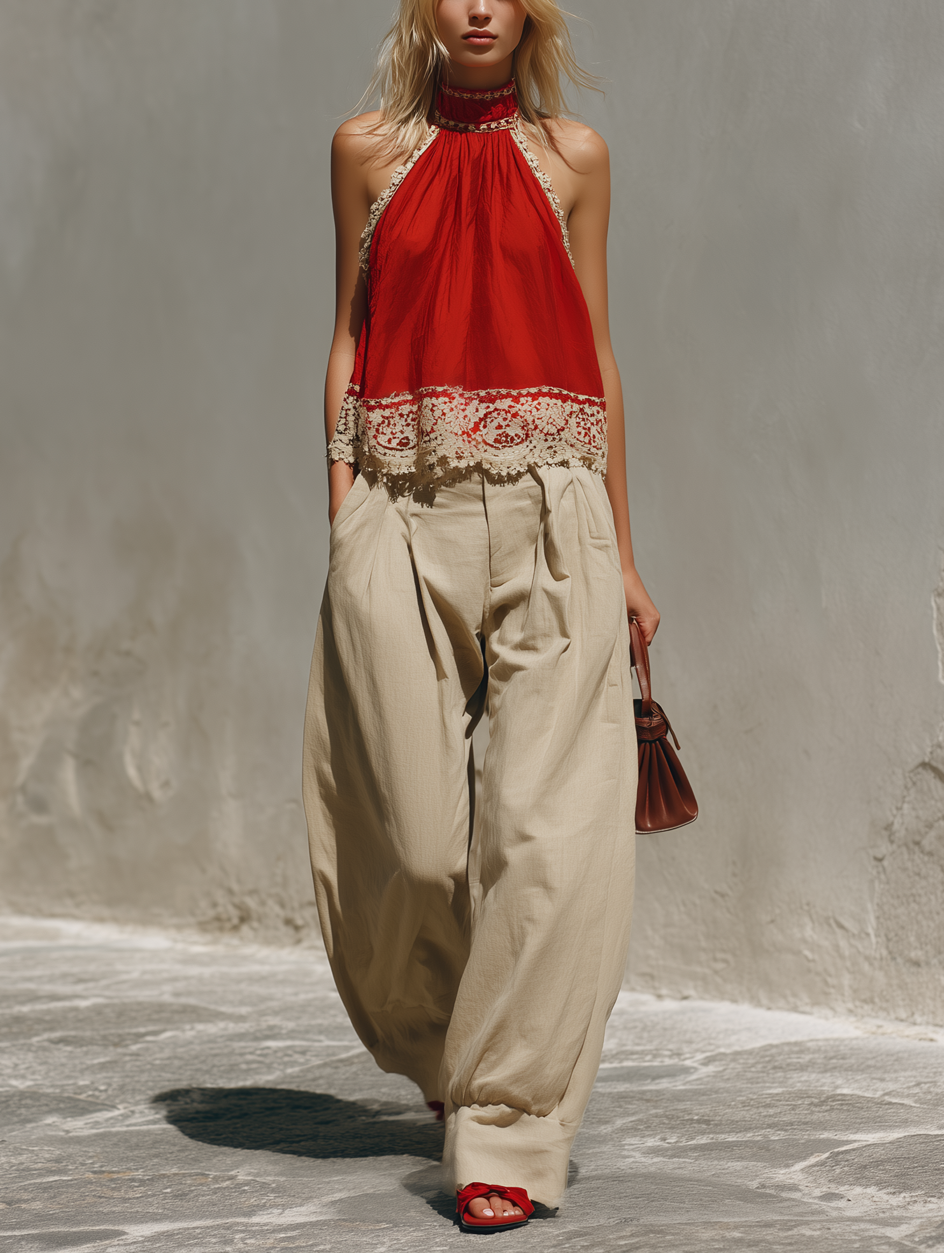 Women's Casual Red Cotton-Linen Halter Top With Lace Paneling (Sleeveless), Paired With Khaki Cotton-Linen Trousers MDZ2652E3LXY