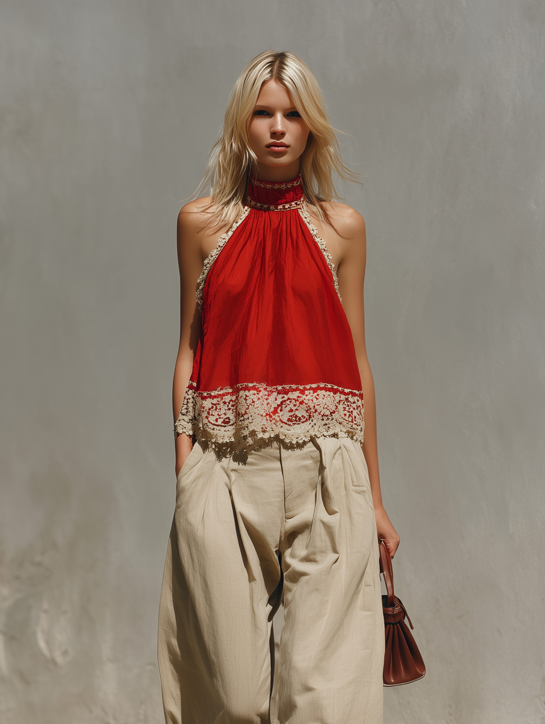 Women's Casual Red Cotton-Linen Halter Top With Lace Paneling (Sleeveless), Paired With Khaki Cotton-Linen Trousers MDZ2652E3LXY