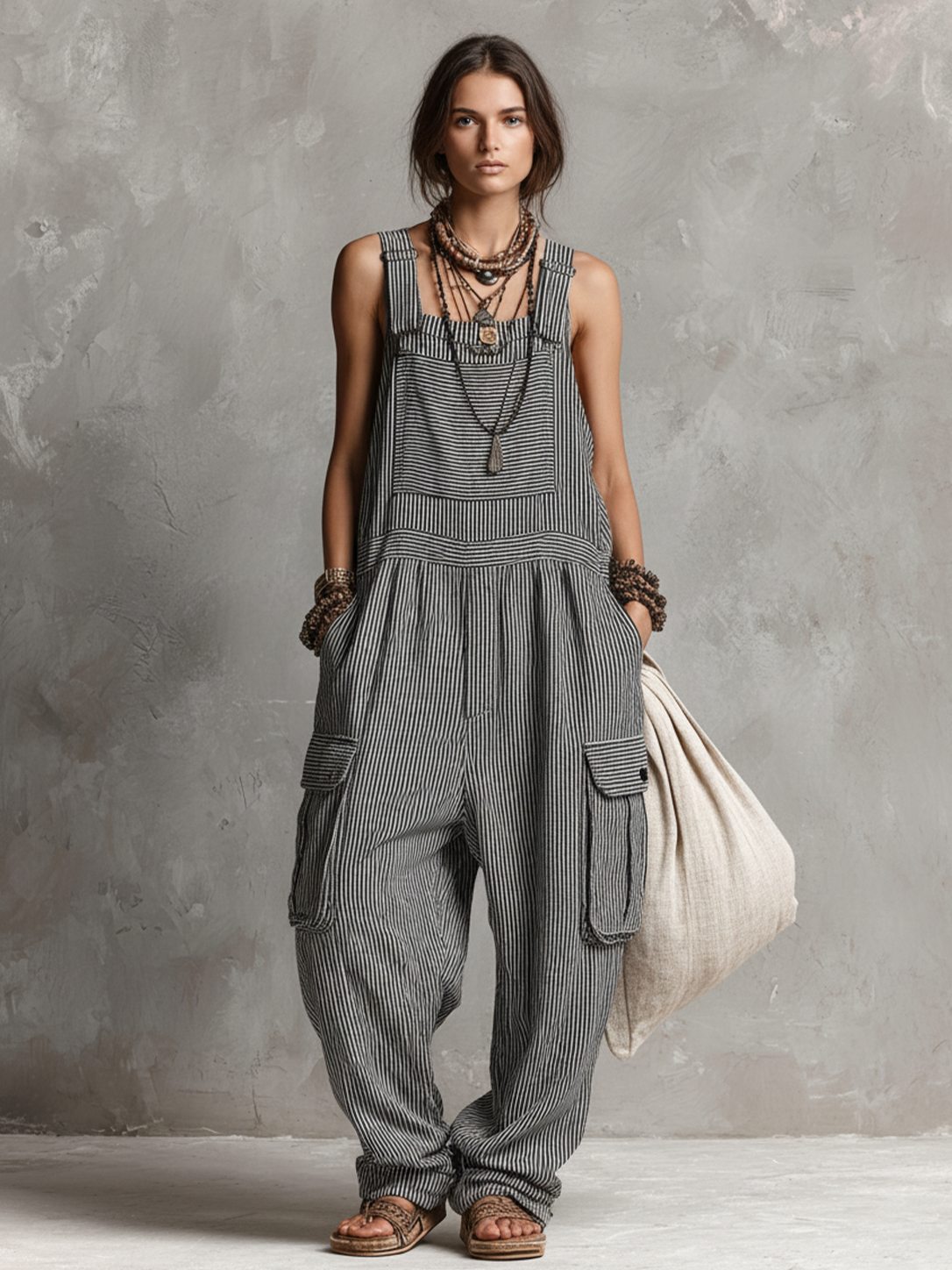 Women's Boho Black And White Striped Linen-Cotton Blend Cargo Pocket Sleeveless Loose Maxi Jumpsuit MDZ2674E5GMJ