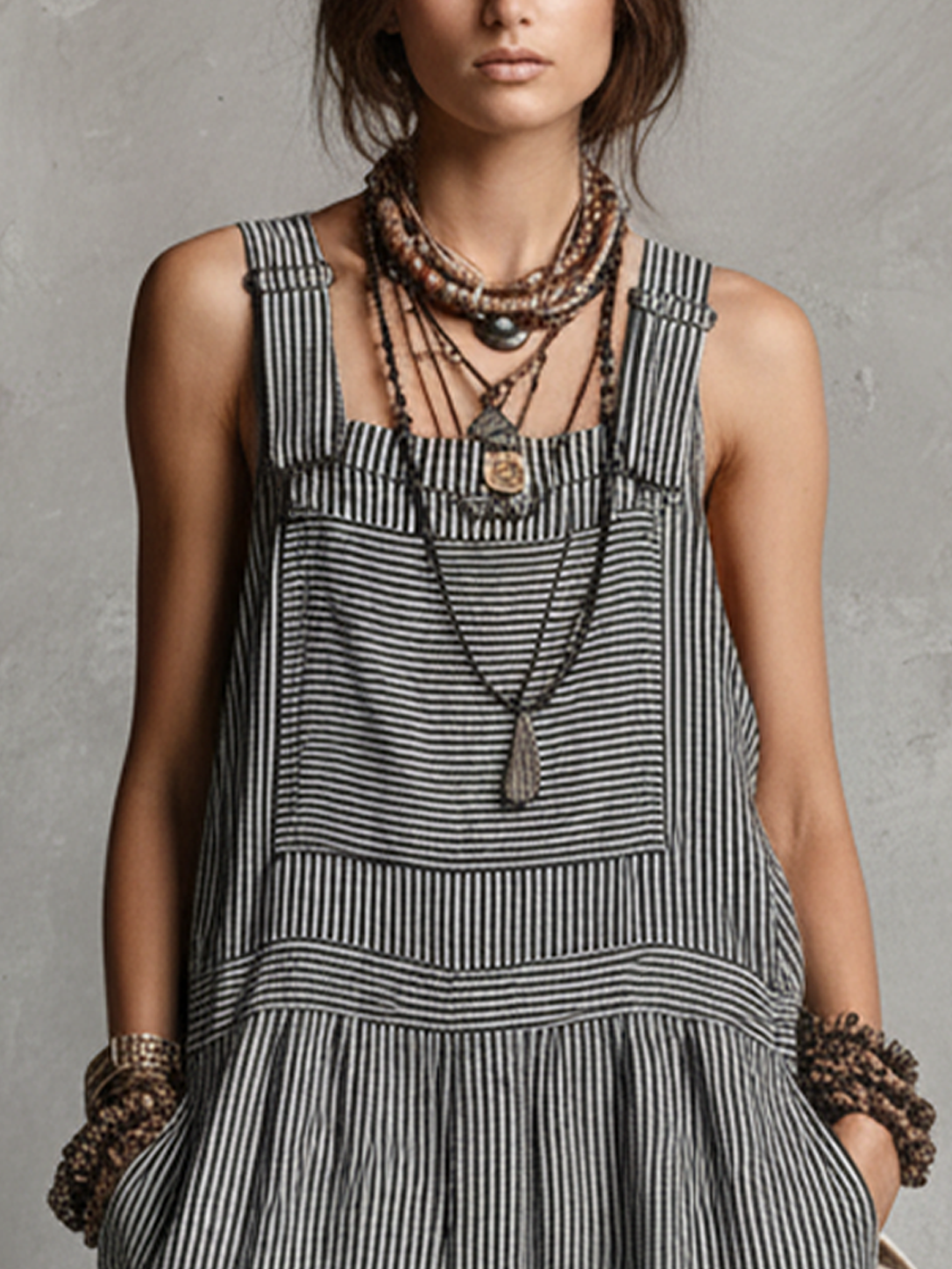 Women's Boho Black And White Striped Linen-Cotton Blend Cargo Pocket Sleeveless Loose Maxi Jumpsuit MDZ2674E5GMJ
