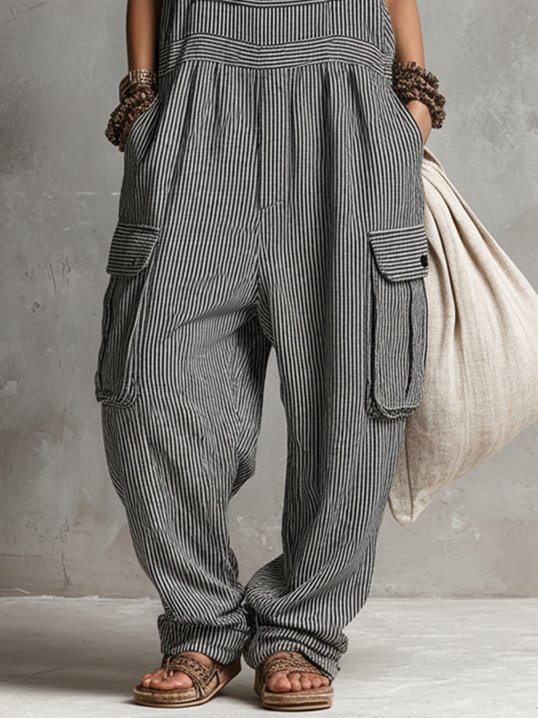 Women's Boho Black And White Striped Linen-Cotton Blend Cargo Pocket Sleeveless Loose Maxi Jumpsuit MDZ2674E5GMJ