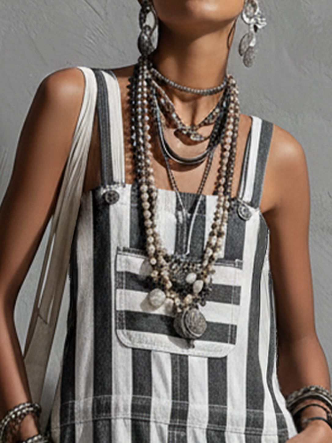 Women's Casual Black And White Striped Cotton Blend Cargo Pocket Sleeveless Cropped Overalls Jumpsuit MDZ2662E9GMJ