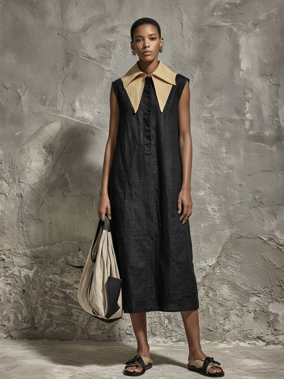 Women's Minimalist Black Linen-Cotton Contrast Point Collar Half-Placket Sleeveless Straight Midi Dress MDZ2636E2GMJ