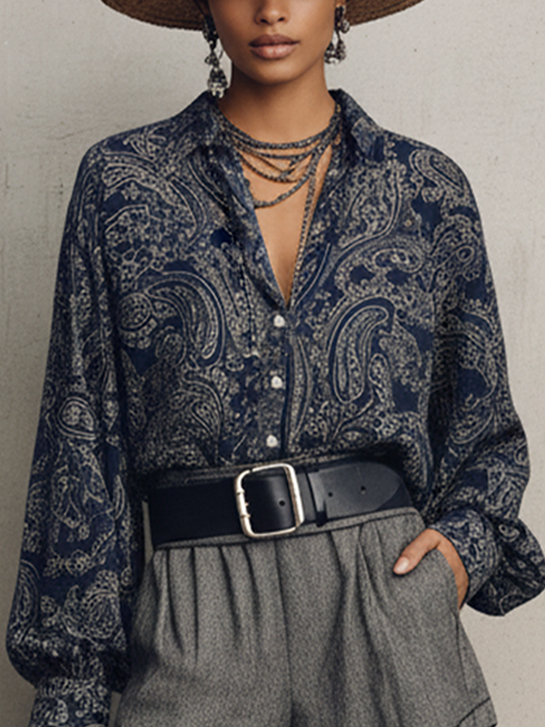 Women's Western Navy Blue Matte Satin Paisley Print Collared Shirt And Grey Cotton Blend High-Waisted Pleated Shorts Set MDZ2603E0GMJ
