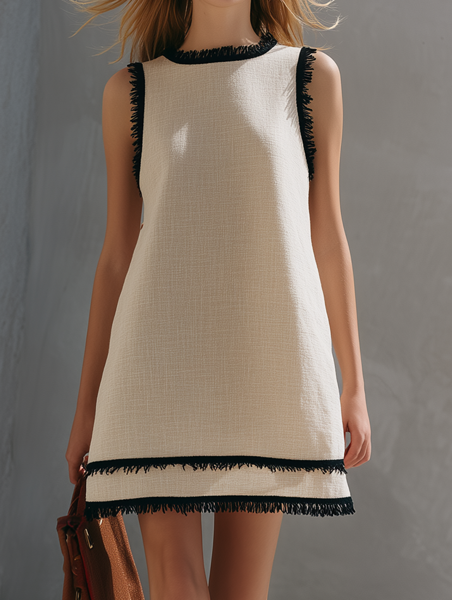 Women's Casual Beige Cotton-Linen Mini Dress — Crew Neck, Sleeveless, With Black Frayed Trim MDZ2683E6LXY