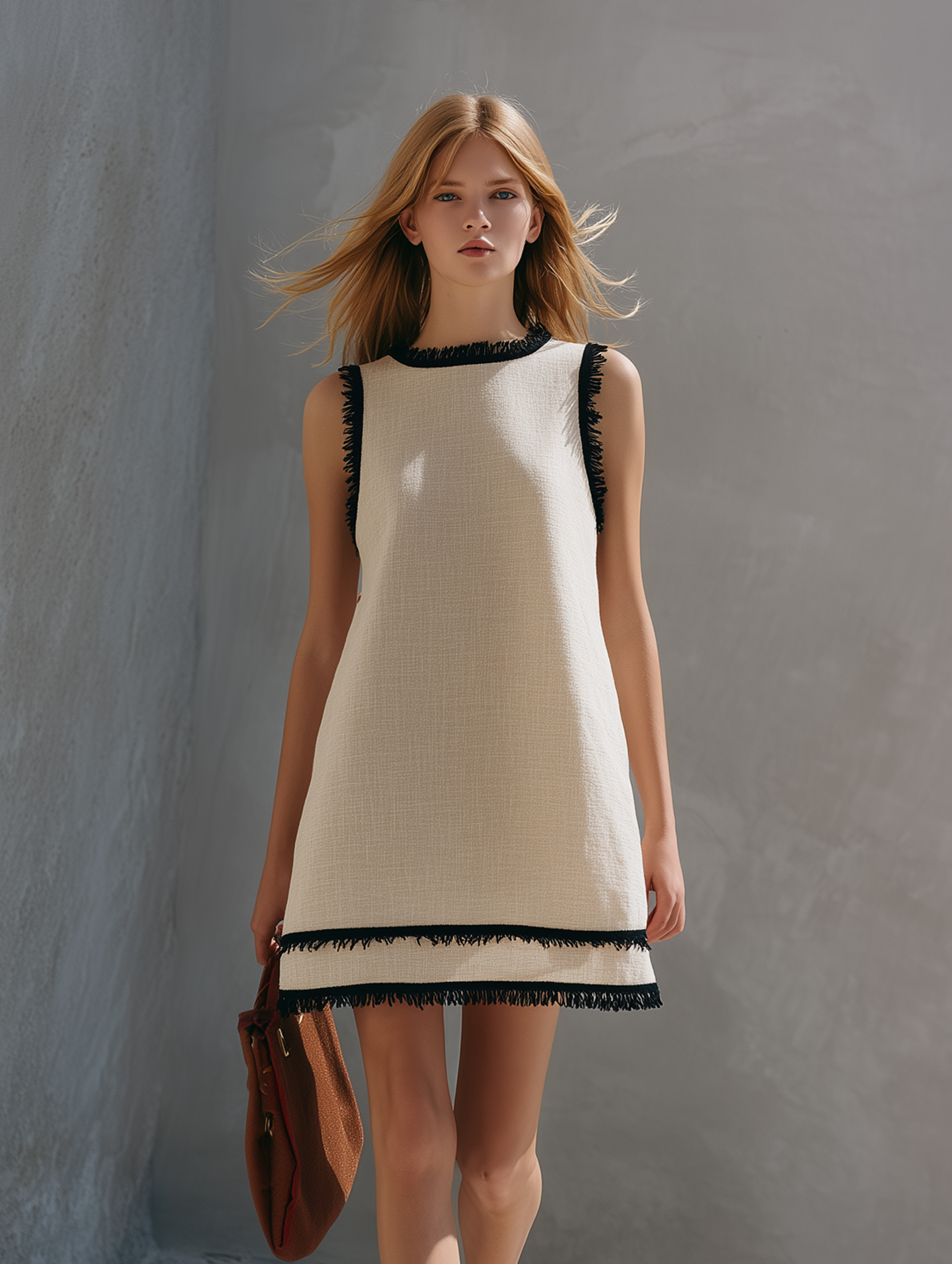 Women's Casual Beige Cotton-Linen Mini Dress — Crew Neck, Sleeveless, With Black Frayed Trim MDZ2683E6LXY