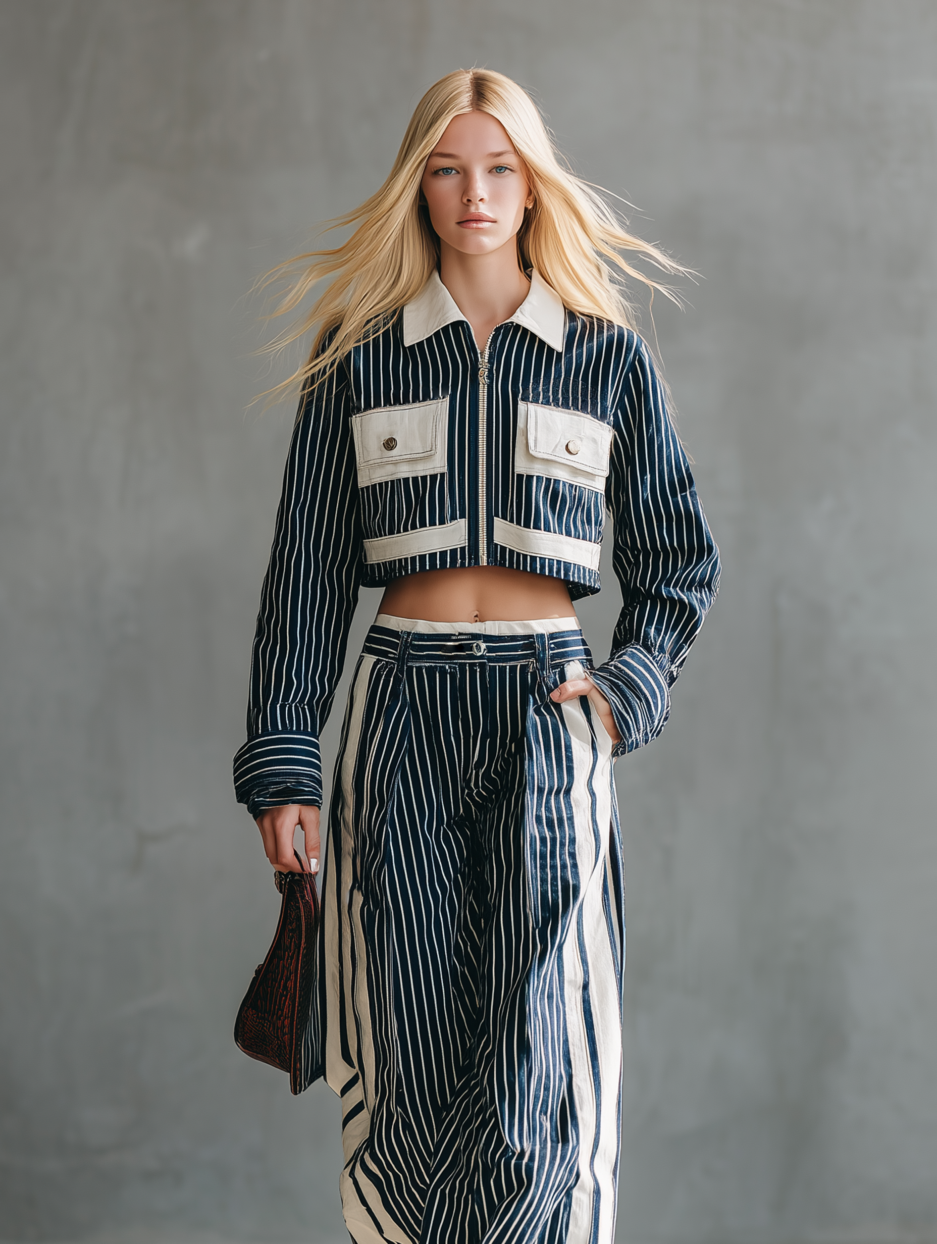 Women's Casual Navy Woven Long-Sleeve Top With White Stripe Paneling, Paired With Trousers MDZ2698E4LXY