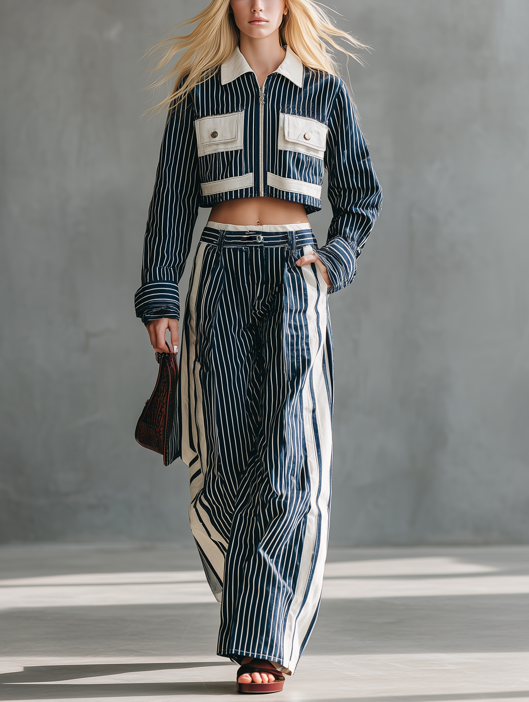 Women's Casual Navy Woven Long-Sleeve Top With White Stripe Paneling, Paired With Trousers MDZ2698E4LXY