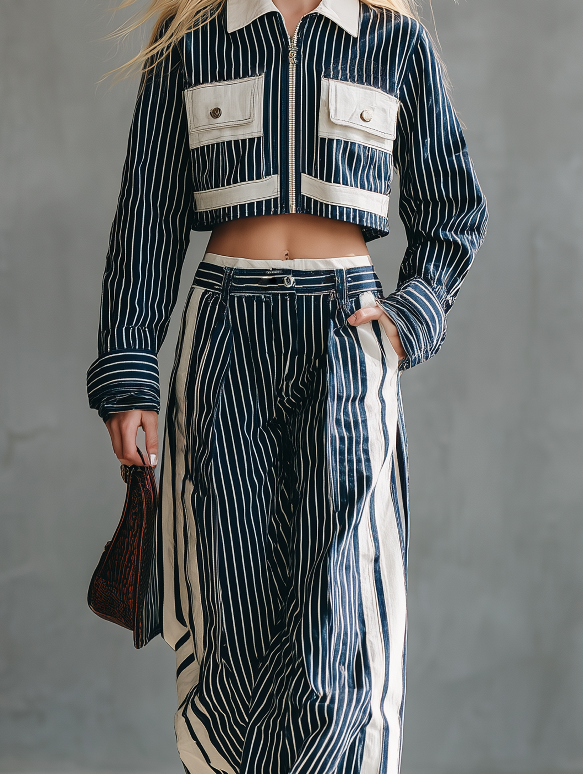 Women's Casual Navy Woven Long-Sleeve Top With White Stripe Paneling, Paired With Trousers MDZ2698E4LXY