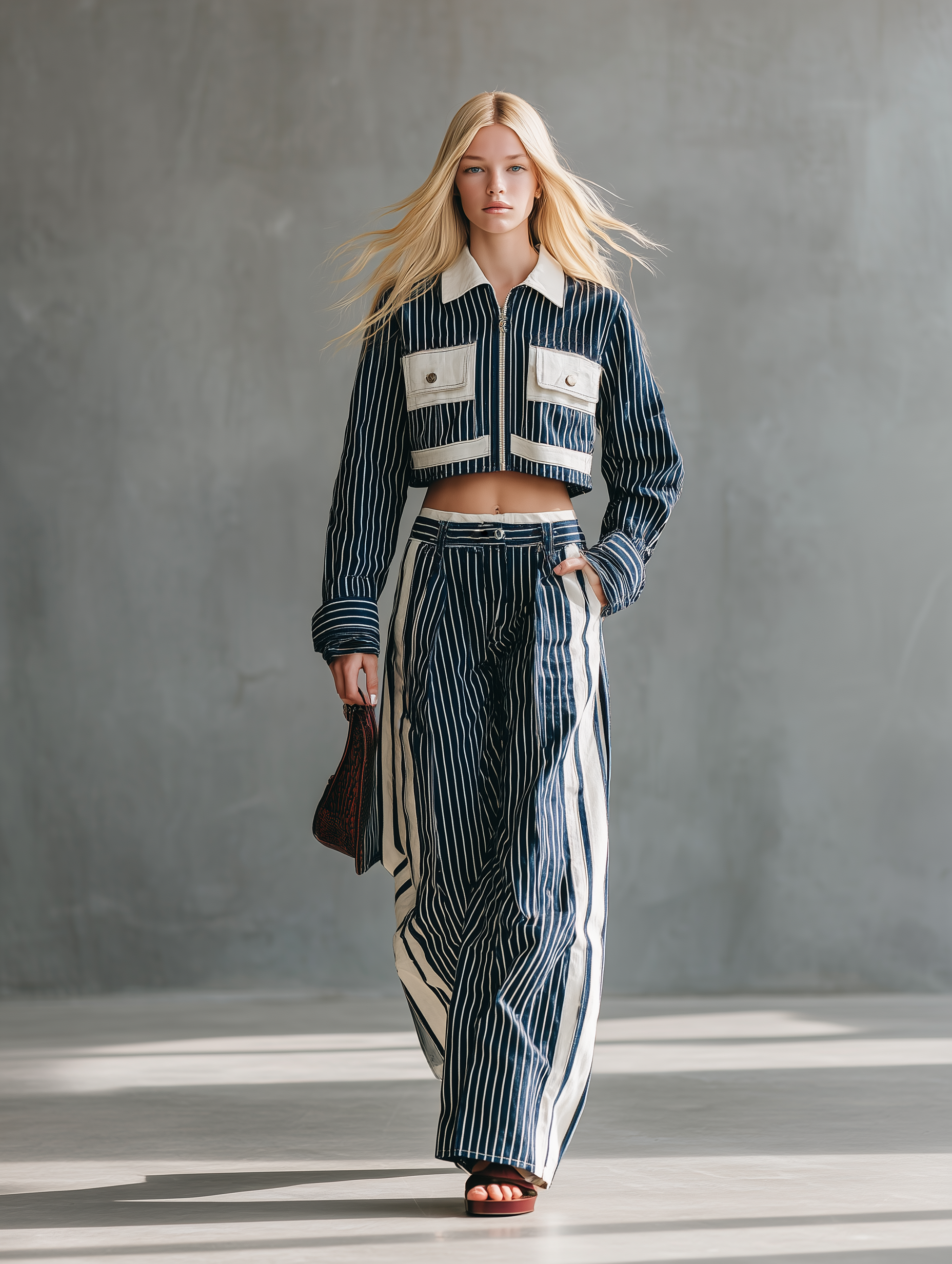 Women's Casual Navy Woven Long-Sleeve Top With White Stripe Paneling, Paired With Trousers MDZ2698E4LXY
