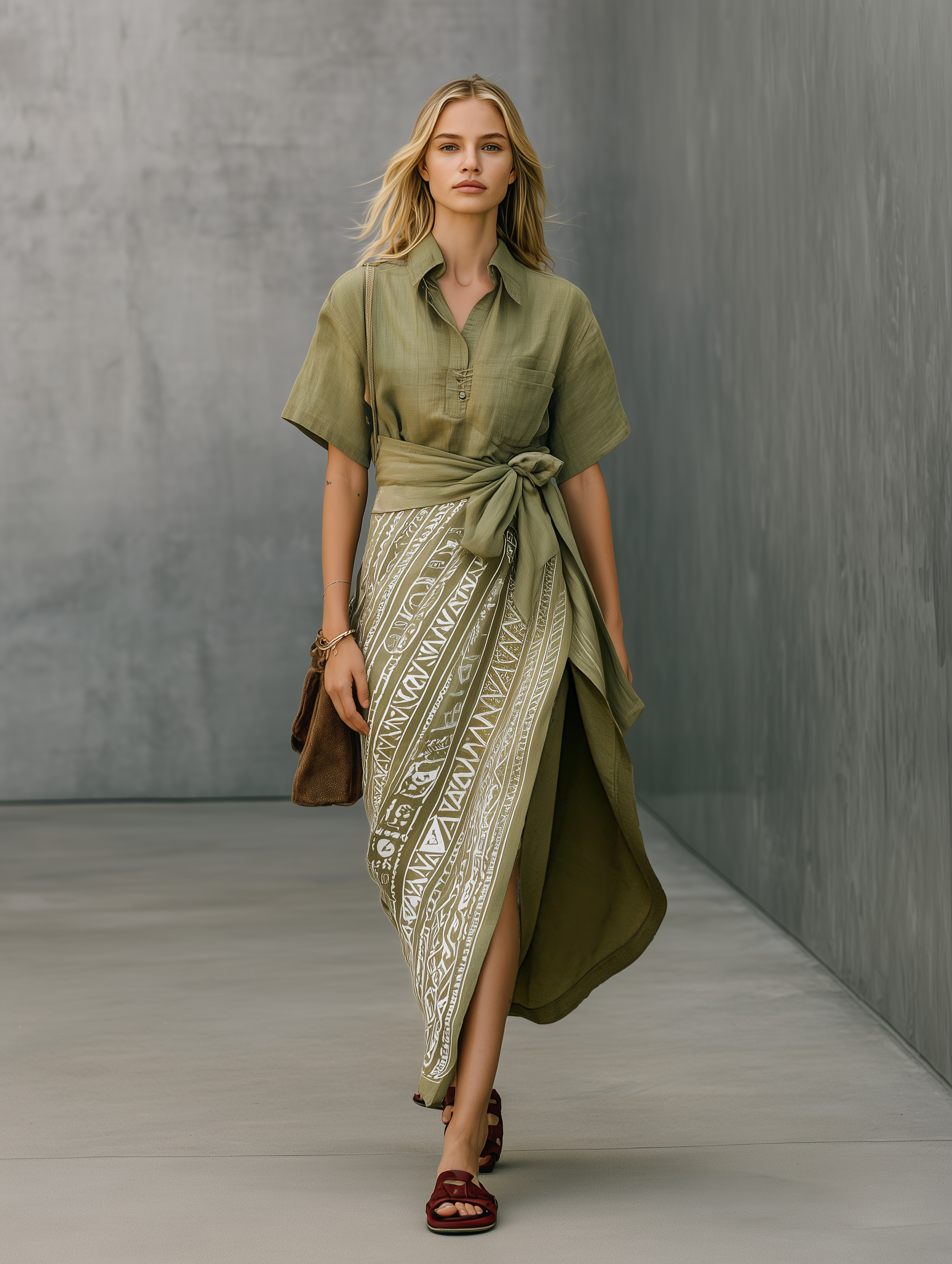 Women's Casual Army Green Cotton-Linen Short-Sleeve Shirt Paired With A Printed Skirt MDZ2692E8LXY