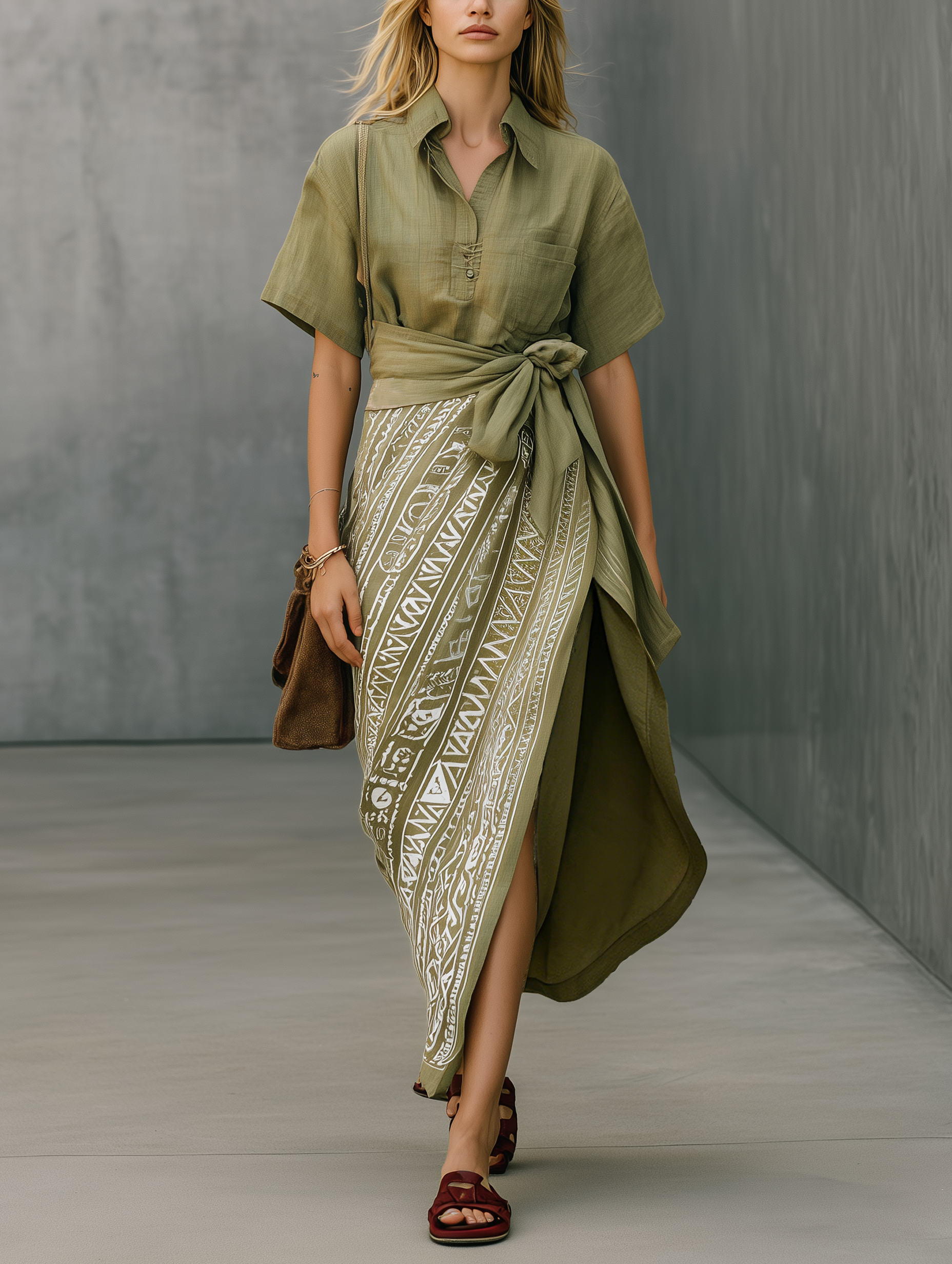 Women's Casual Army Green Cotton-Linen Short-Sleeve Shirt Paired With A Printed Skirt MDZ2692E8LXY