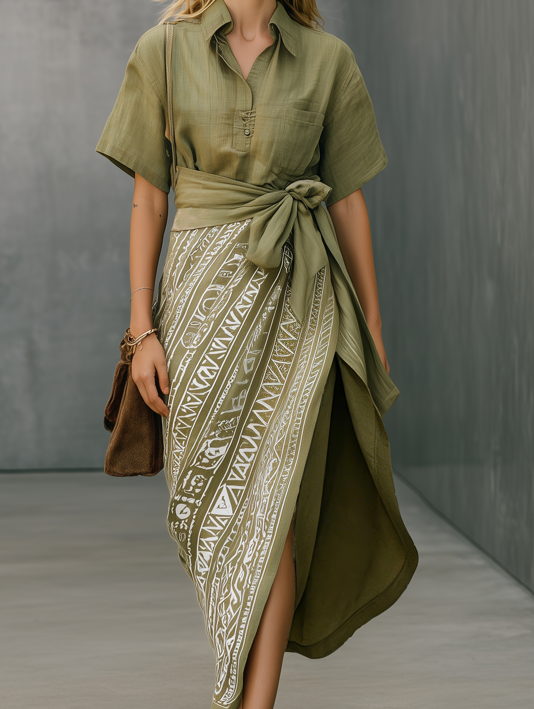 Women's Casual Army Green Cotton-Linen Short-Sleeve Shirt Paired With A Printed Skirt MDZ2692E8LXY