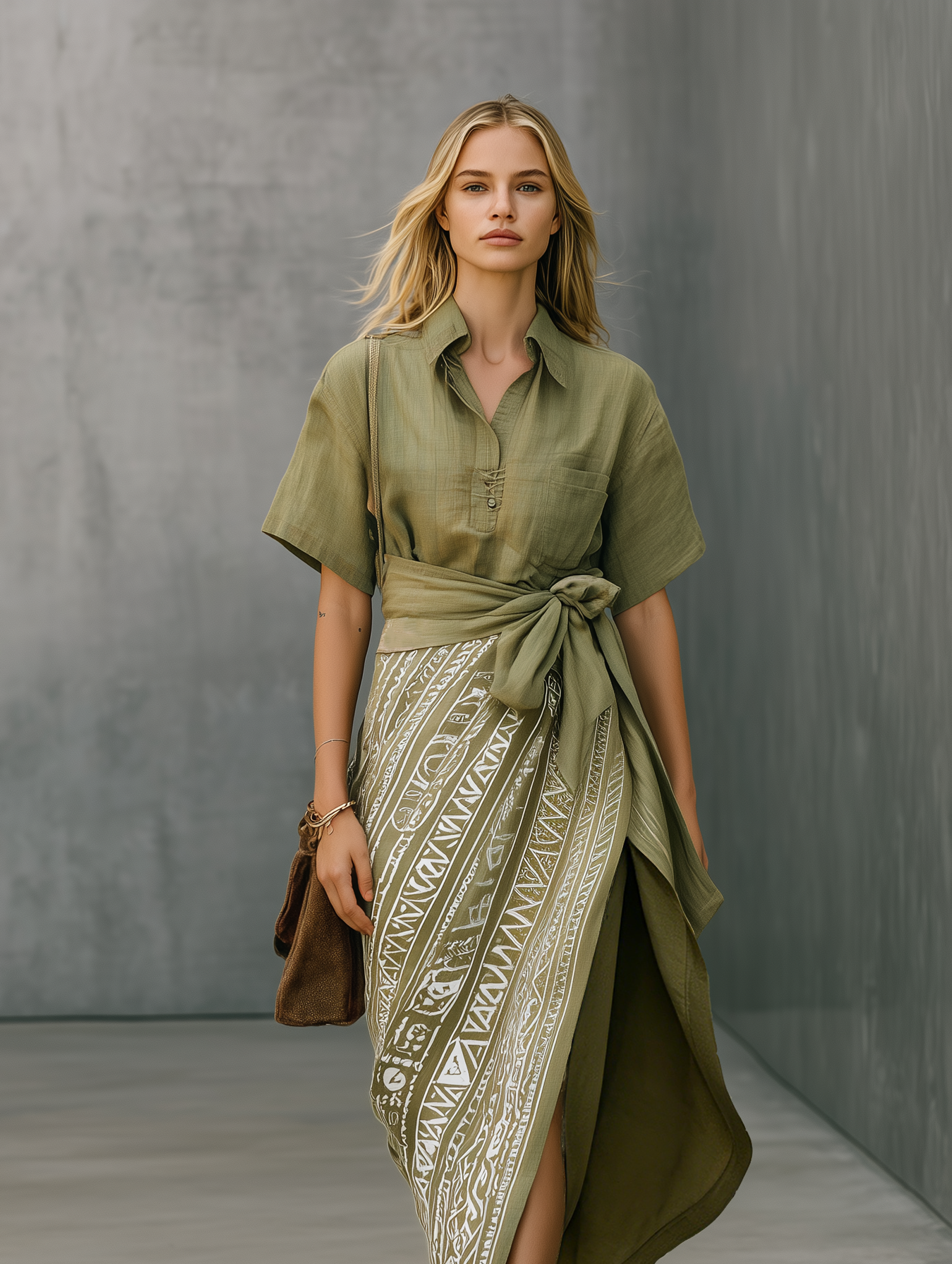 Women's Casual Army Green Cotton-Linen Short-Sleeve Shirt Paired With A Printed Skirt MDZ2692E8LXY