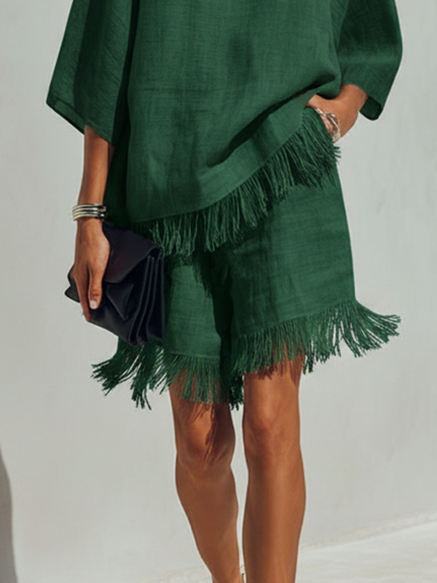 Women’s Minimalist Linen-Blend Fringe-Trimmed Top & Shorts Set MDZ2781E4ZRK