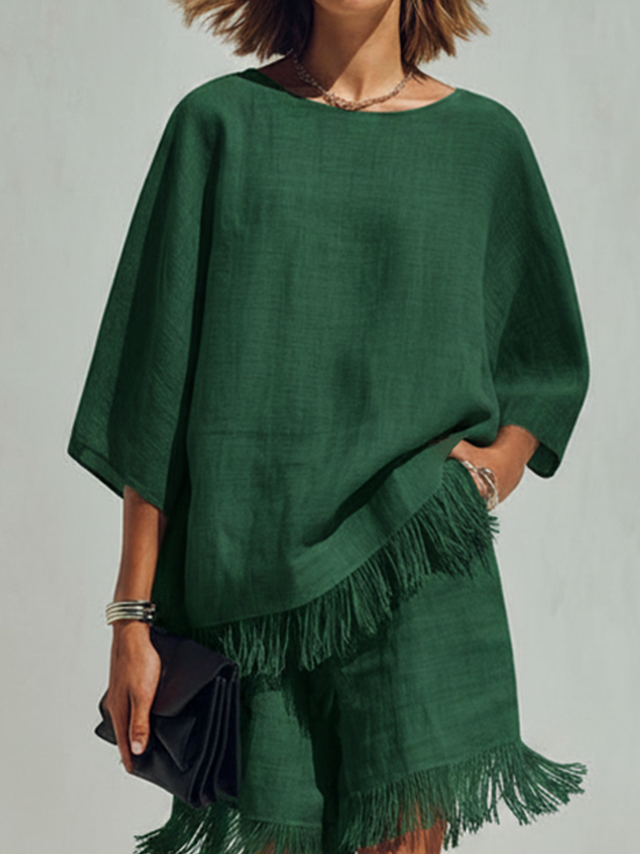 Women’s Minimalist Linen-Blend Fringe-Trimmed Top & Shorts Set MDZ2781E4ZRK