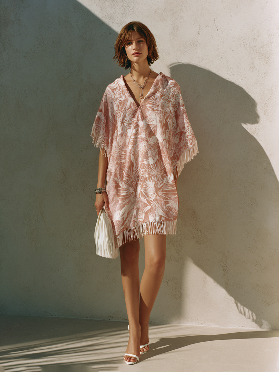 Women's Pink Tropical Print Mini Dress With Tassel Trim MDZ2722E1ZRK