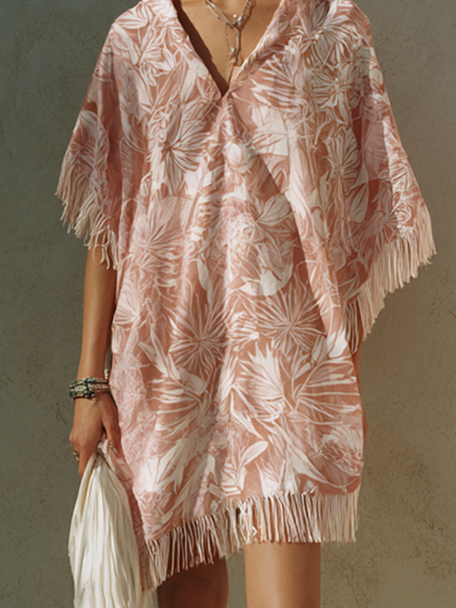 Women's Pink Tropical Print Mini Dress With Tassel Trim MDZ2722E1ZRK