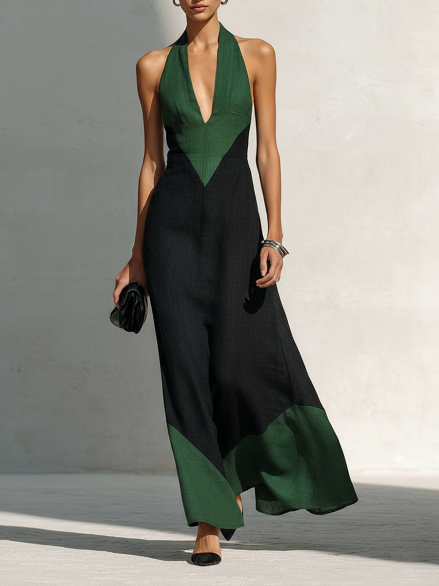 Women’s Linen-Blend Color-Block Halter Maxi Dress MDZ2797E5ZRK