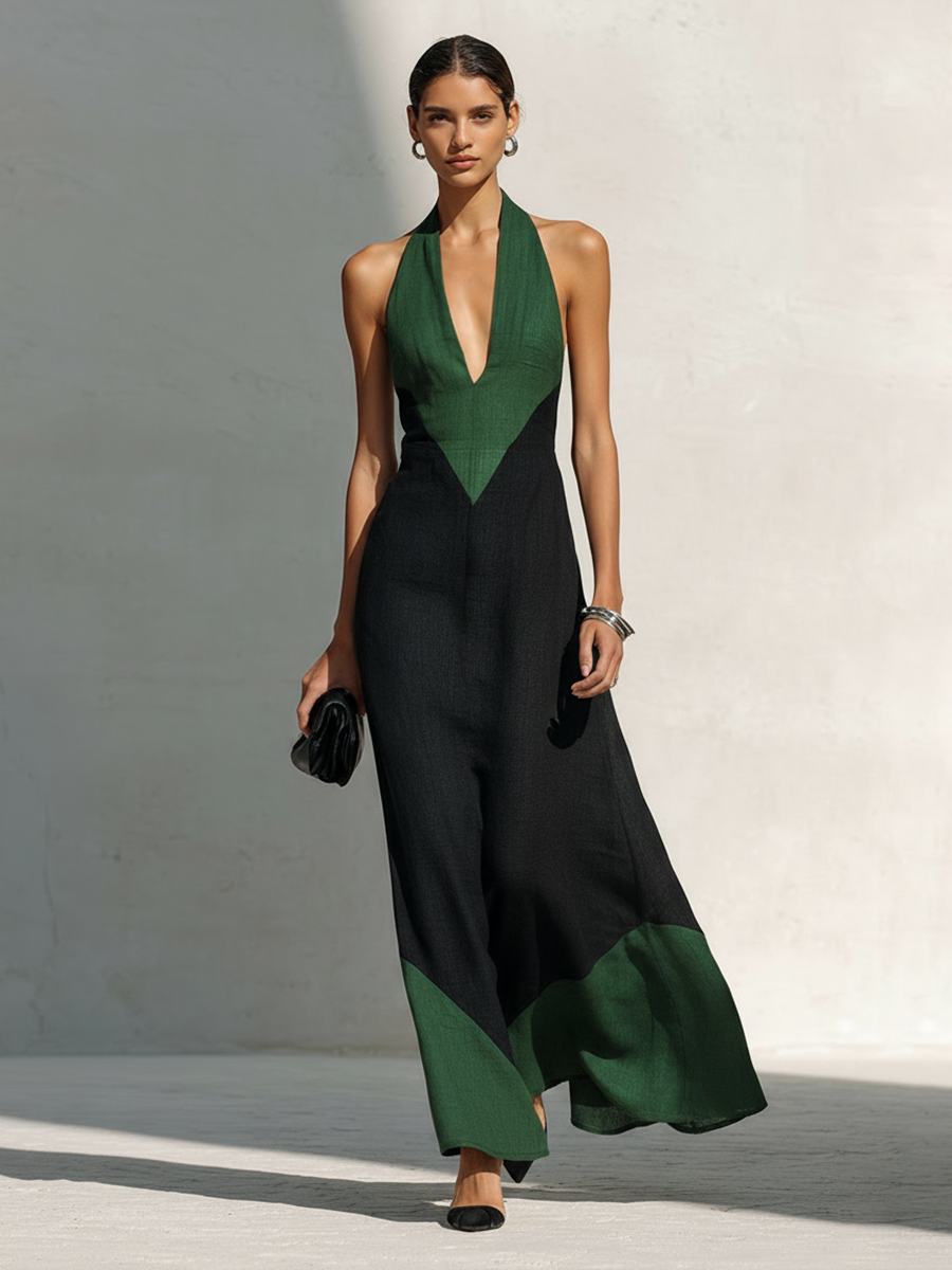Women’s Linen-Blend Color-Block Halter Maxi Dress MDZ2797E5ZRK
