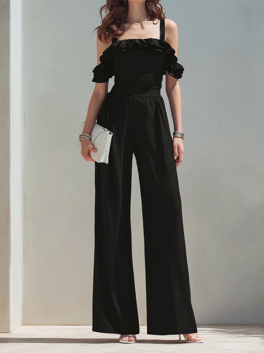 Women's Ruffled Off-Shoulder Black Wide-Leg Jumpsuit MDZ2714E2ZRK