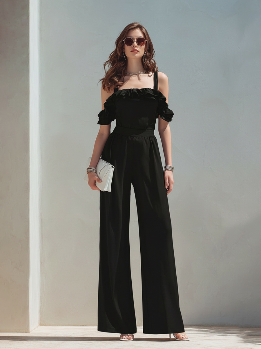 Women's Ruffled Off-Shoulder Black Wide-Leg Jumpsuit MDZ2714E2ZRK
