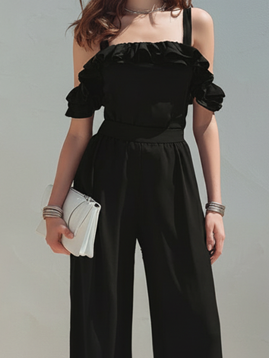 Women's Ruffled Off-Shoulder Black Wide-Leg Jumpsuit MDZ2714E2ZRK
