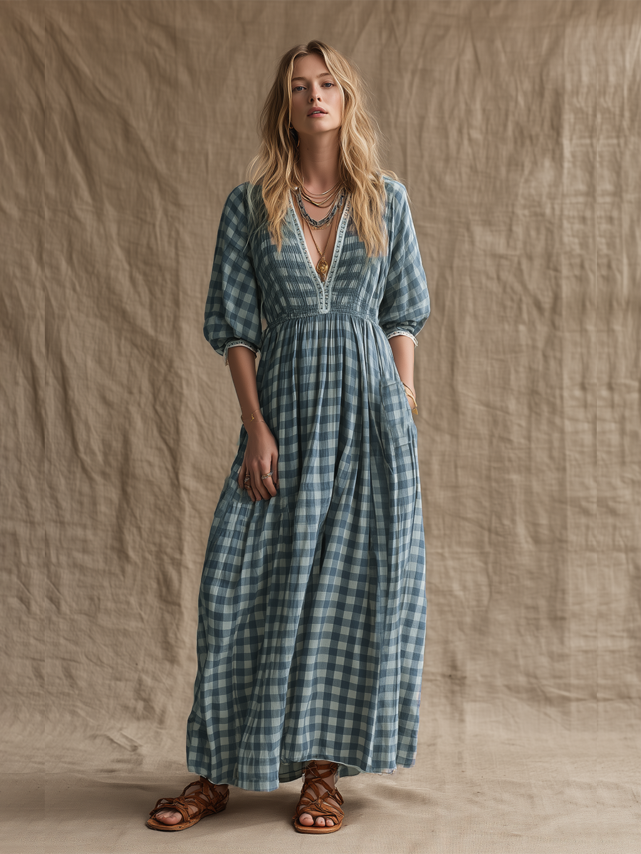 Women's Blue Gingham Cotton-Blend Maxi Dress With Smocked Waist & Puff Sleeves, Timeless Boho Casual Dress MDZ2742E5LYL