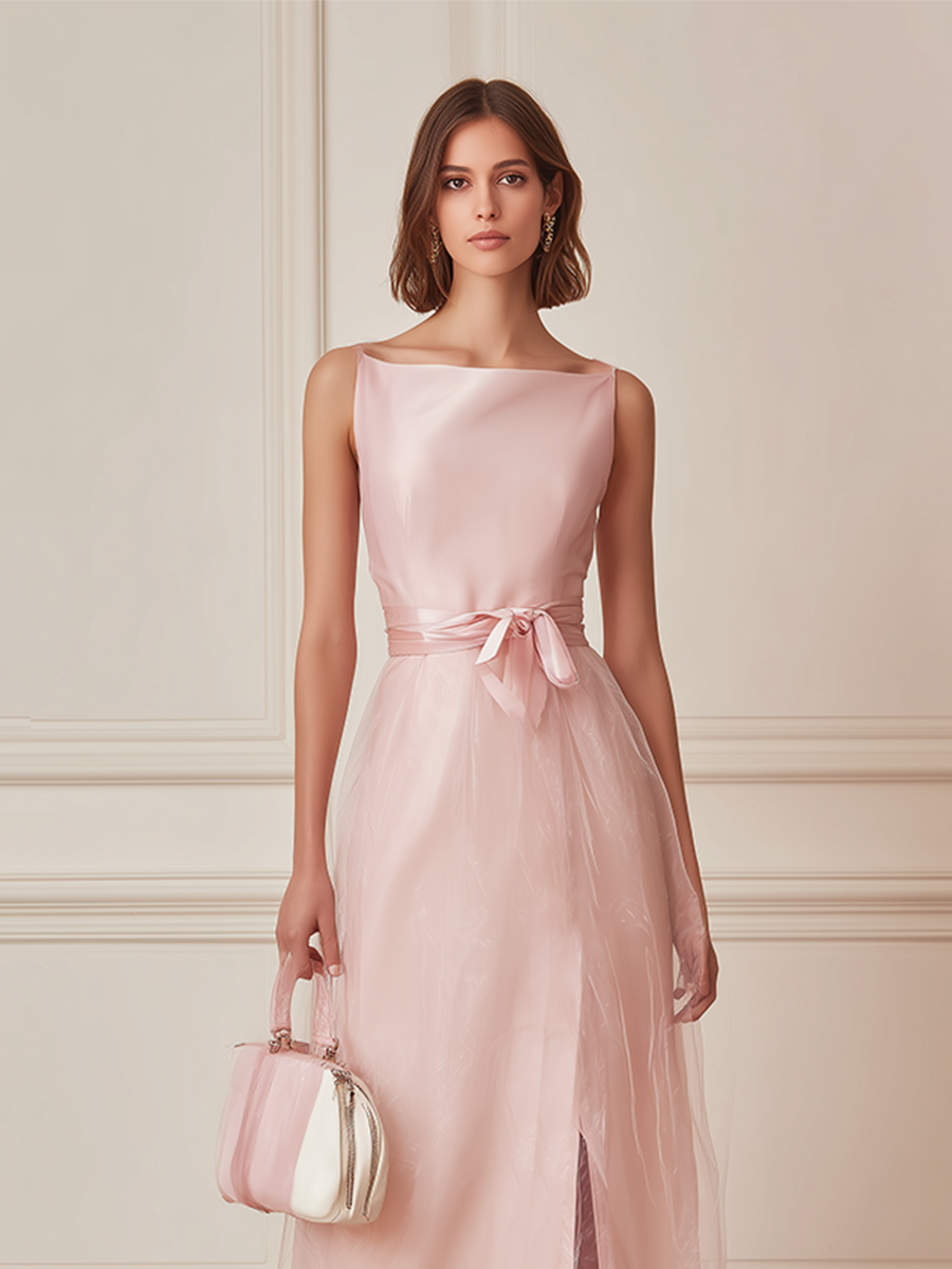 Women's Blush Pink Satin & Tulle Maxi Dress With Bow Waist & Side Slit, Timeless Elegant Bridesmaid Dress MDZ2784E7LYL
