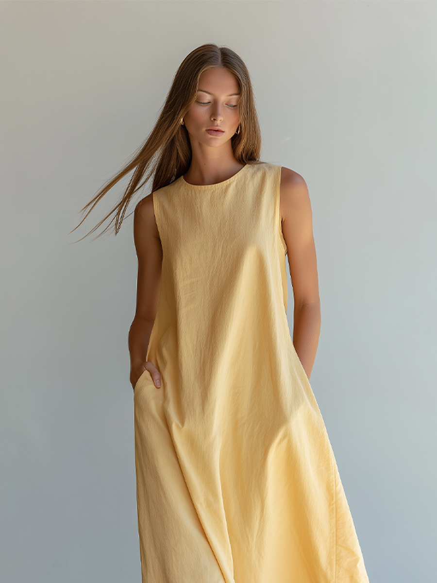 Women's Pale Yellow Linen-Blend Maxi Dress With Sleeveless Crew Neck & Side Pockets, Timeless Minimalist Casual Dress MDZ2753E0LYL