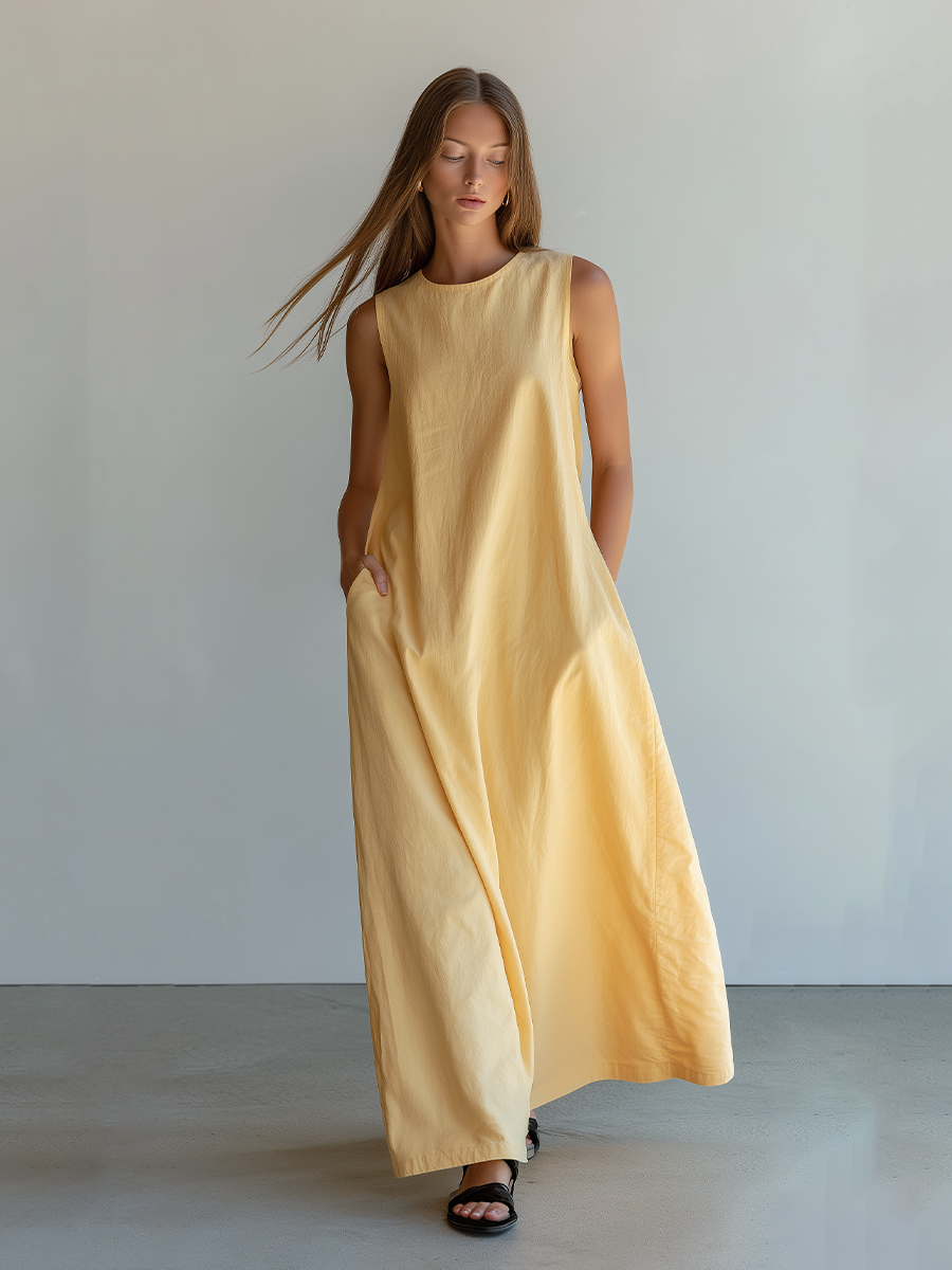 Women's Pale Yellow Linen-Blend Maxi Dress With Sleeveless Crew Neck & Side Pockets, Timeless Minimalist Casual Dress MDZ2753E0LYL