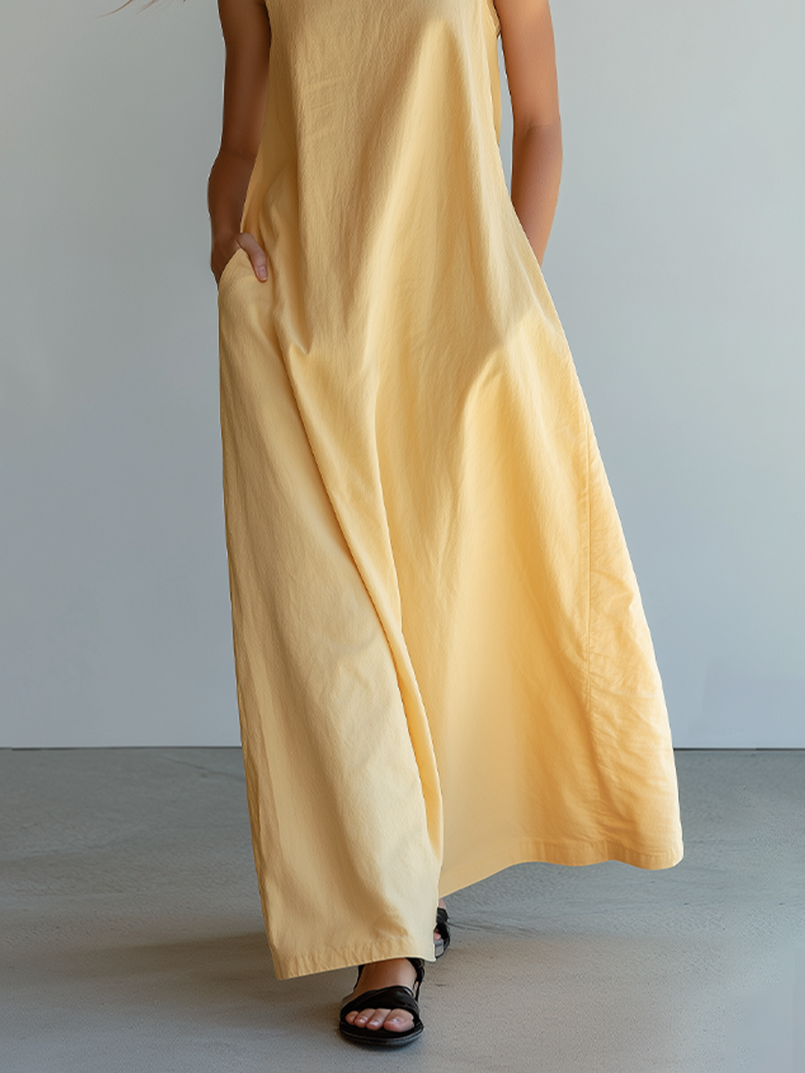 Women's Pale Yellow Linen-Blend Maxi Dress With Sleeveless Crew Neck & Side Pockets, Timeless Minimalist Casual Dress MDZ2753E0LYL