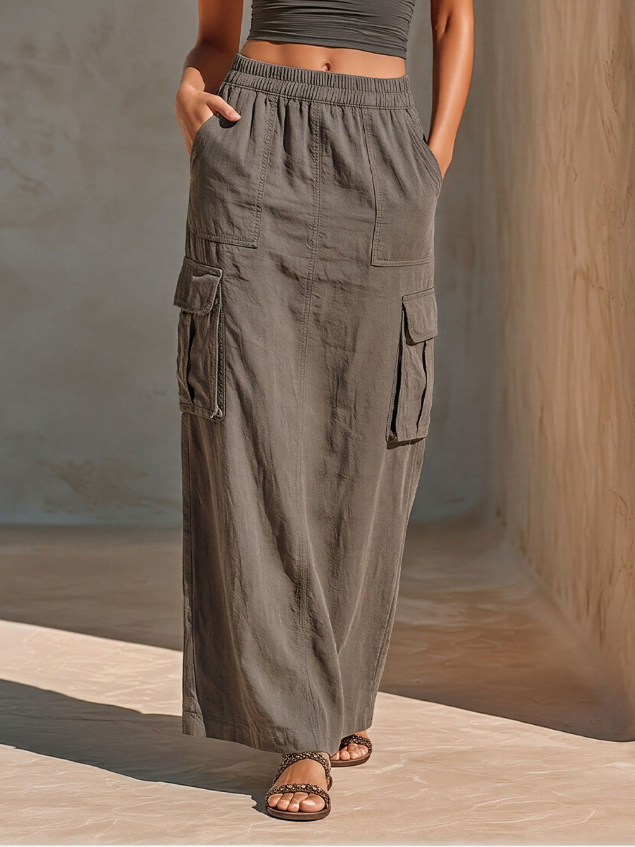 Women’s Grey Elastic-Waist Cargo Maxi Skirt With Multi-Pocket Design MDZ2722E6T