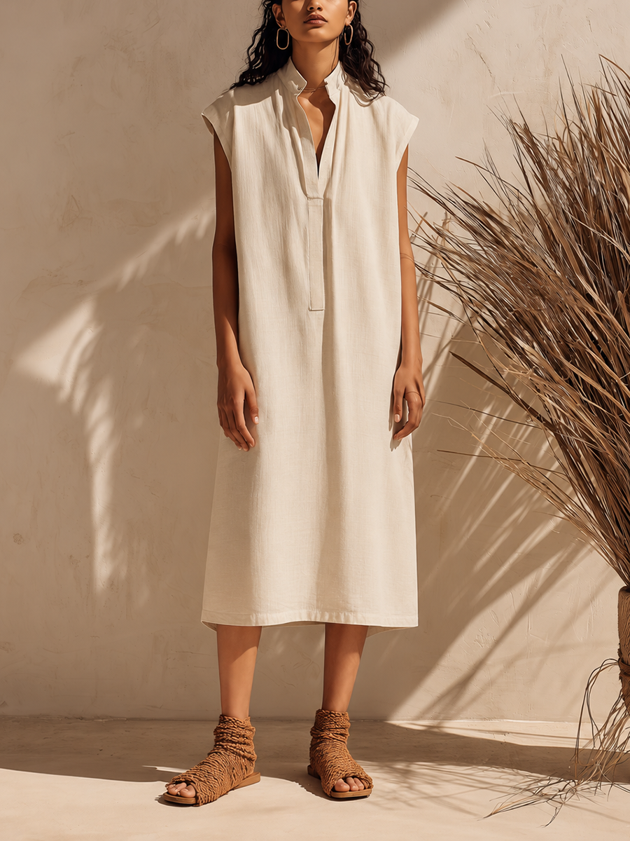 Women's Minimalist Off-White Cotton-Linen Midi Dress — Loose Fit, Mock Collar, Cap Sleeves MDZ2701E0ZJW