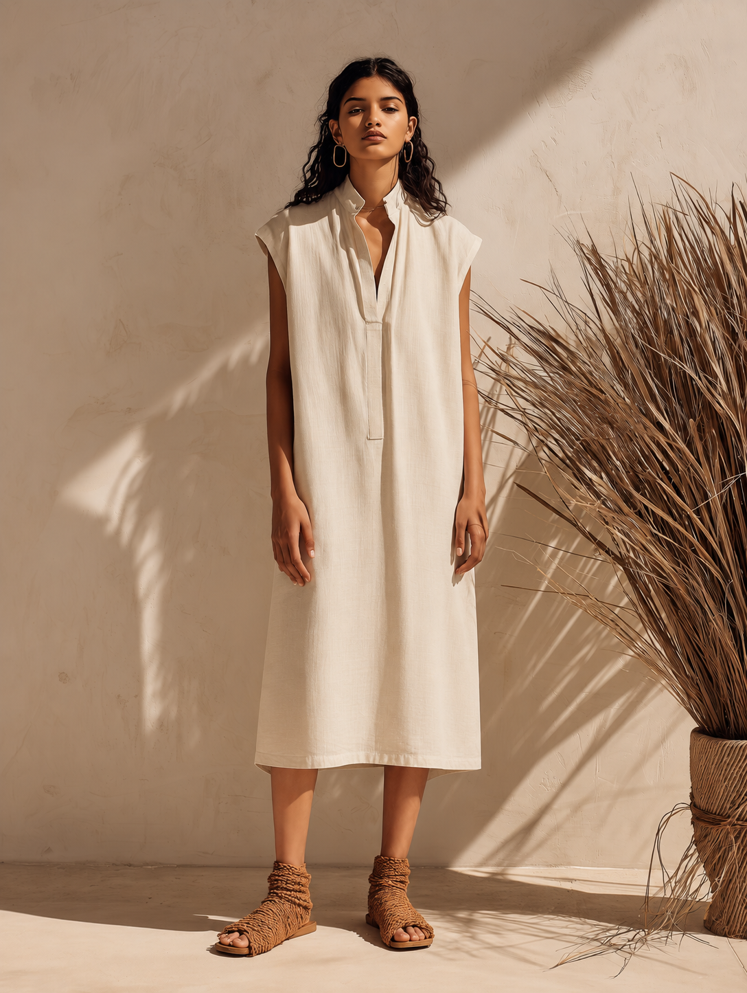 Women's Minimalist Off-White Cotton-Linen Midi Dress — Loose Fit, Mock Collar, Cap Sleeves MDZ2701E0ZJW