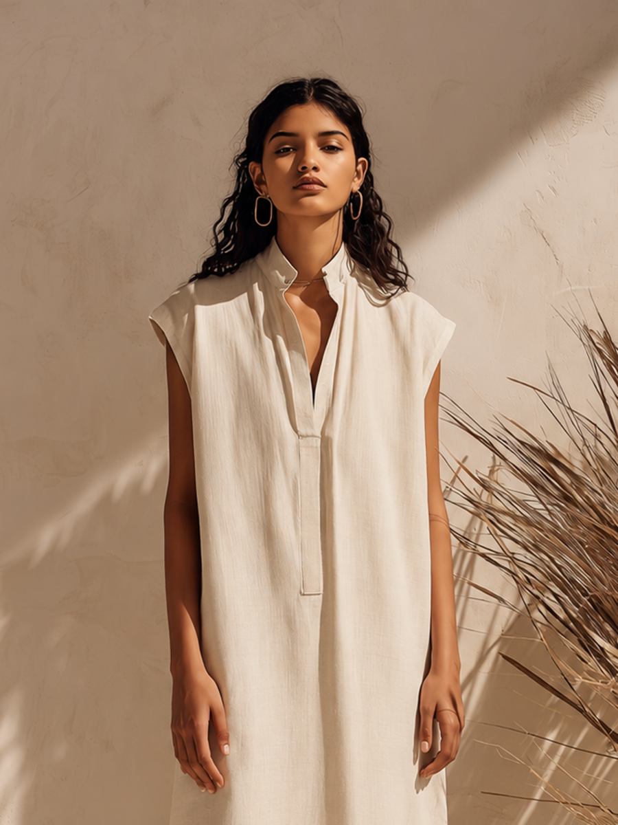 Women's Minimalist Off-White Cotton-Linen Midi Dress — Loose Fit, Mock Collar, Cap Sleeves MDZ2701E0ZJW